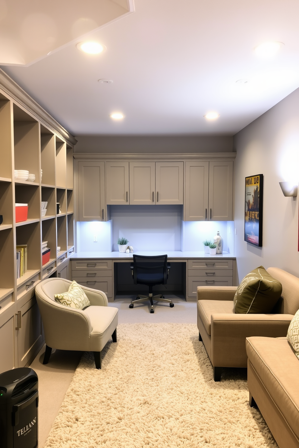 A cozy basement workspace featuring a sleek wooden desk positioned near a large window that allows natural light to flood the area. The walls are painted in a soft gray tone, complemented by warm wood accents and a comfortable ergonomic chair. The floor is finished with a plush area rug that adds warmth to the space. Shelves filled with books and decorative items line one side, while a small potted plant adds a touch of greenery to the desk.