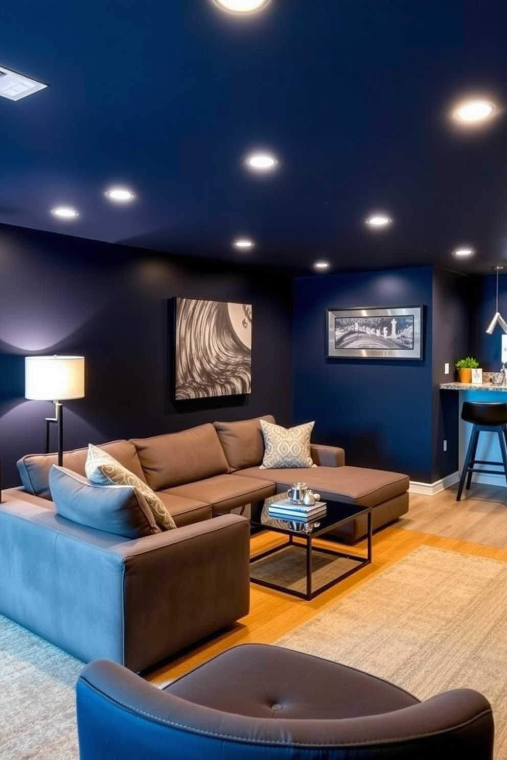 A cozy basement retreat featuring a bold accent wall painted in deep navy blue. The space is furnished with a plush sectional sofa, a sleek coffee table, and a warm area rug to create an inviting atmosphere. Incorporate recessed lighting to highlight the accent wall and enhance the overall ambiance. Add a small bar area with stylish stools to make the basement perfect for entertaining guests.