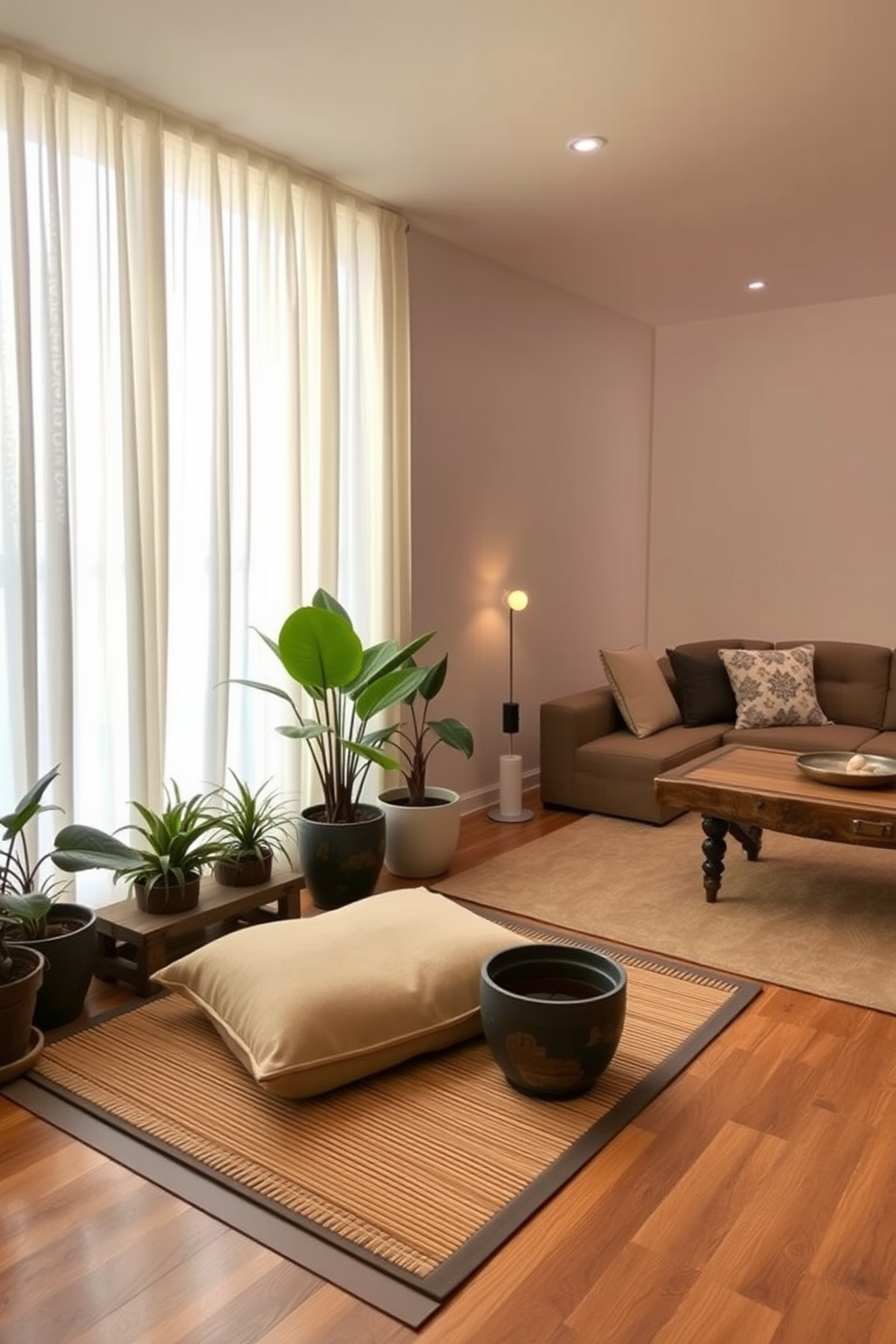 A tranquil meditation corner with soft natural light filtering through sheer curtains. A plush floor cushion sits on a bamboo mat, surrounded by potted plants and a small water feature for calming sounds. A cozy basement designed for relaxation and entertainment. The space features a comfortable sectional sofa, a rustic coffee table, and a warm color palette with accent lighting to create an inviting atmosphere.