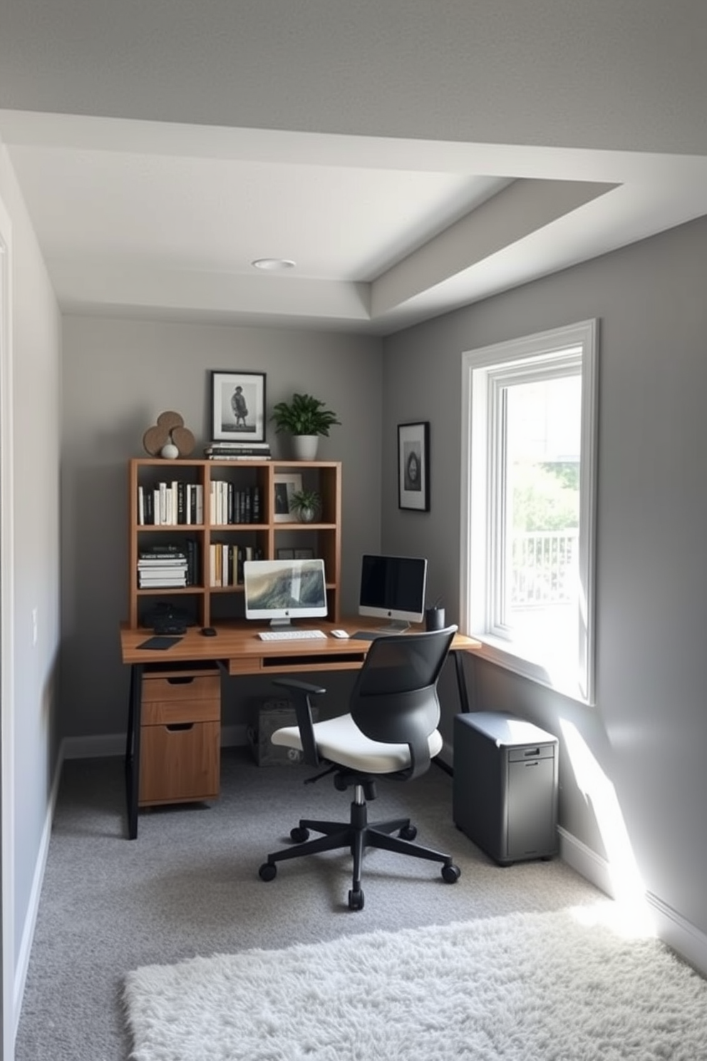 A cozy basement workspace designed for productivity. The area features a sleek wooden desk with a comfortable ergonomic chair, positioned near a large window that allows natural light to flood in. The walls are painted in a soft gray tone, creating a calm atmosphere. Shelves filled with books and decorative items line one side, while a plush area rug adds warmth to the space.