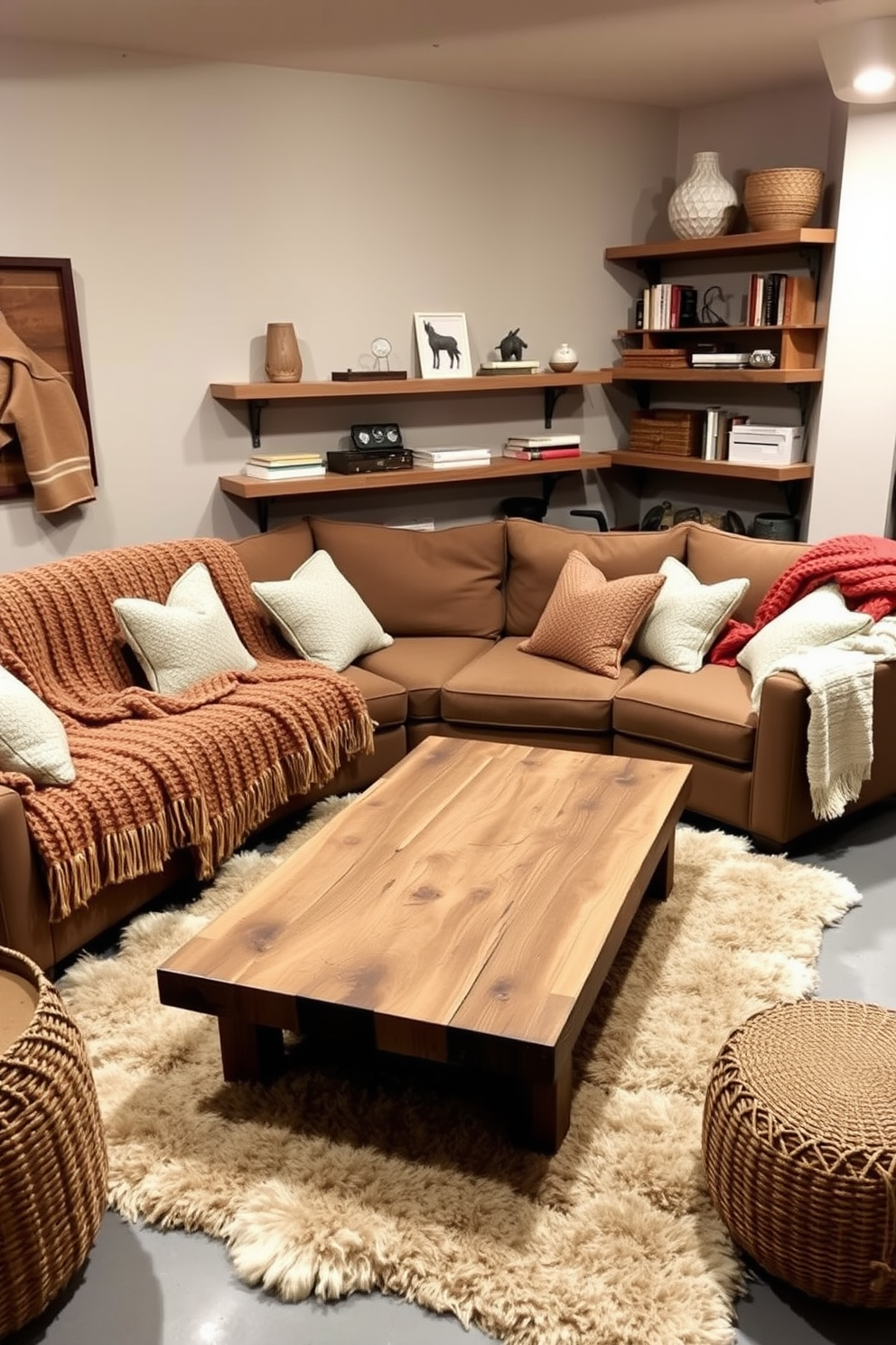 A cozy basement retreat featuring warm textiles and soft lighting. The space includes a plush sectional sofa adorned with knitted throw blankets and oversized pillows in earthy tones. A rustic wooden coffee table sits in the center, surrounded by a soft area rug that adds warmth to the concrete floor. Wall-mounted shelves display books and decorative items, enhancing the inviting atmosphere.