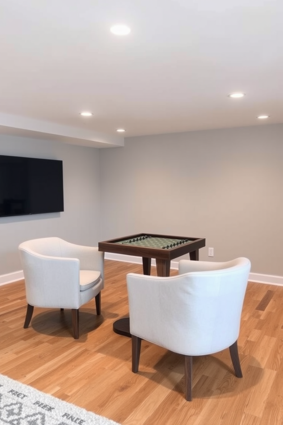 A simple basement design featuring a cozy game table surrounded by comfortable chairs. The walls are painted in a light gray hue, and the flooring consists of warm wood planks to create an inviting atmosphere.