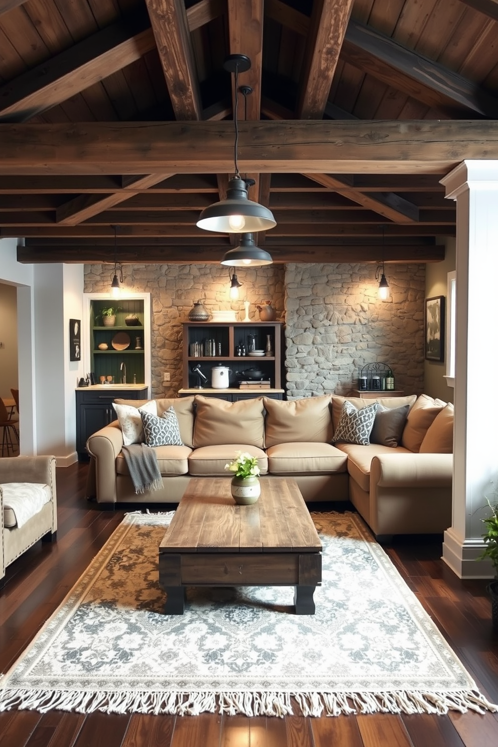 A cozy basement retreat with exposed wooden beams and a stone accent wall. The space features a large sectional sofa in a warm beige fabric, paired with a reclaimed wood coffee table at the center. A vintage area rug adds texture to the floor, while soft lighting from industrial-style pendant lights creates an inviting ambiance. In one corner, a small kitchenette with open shelving displays rustic dishware and mason jars, enhancing the farmhouse aesthetic.