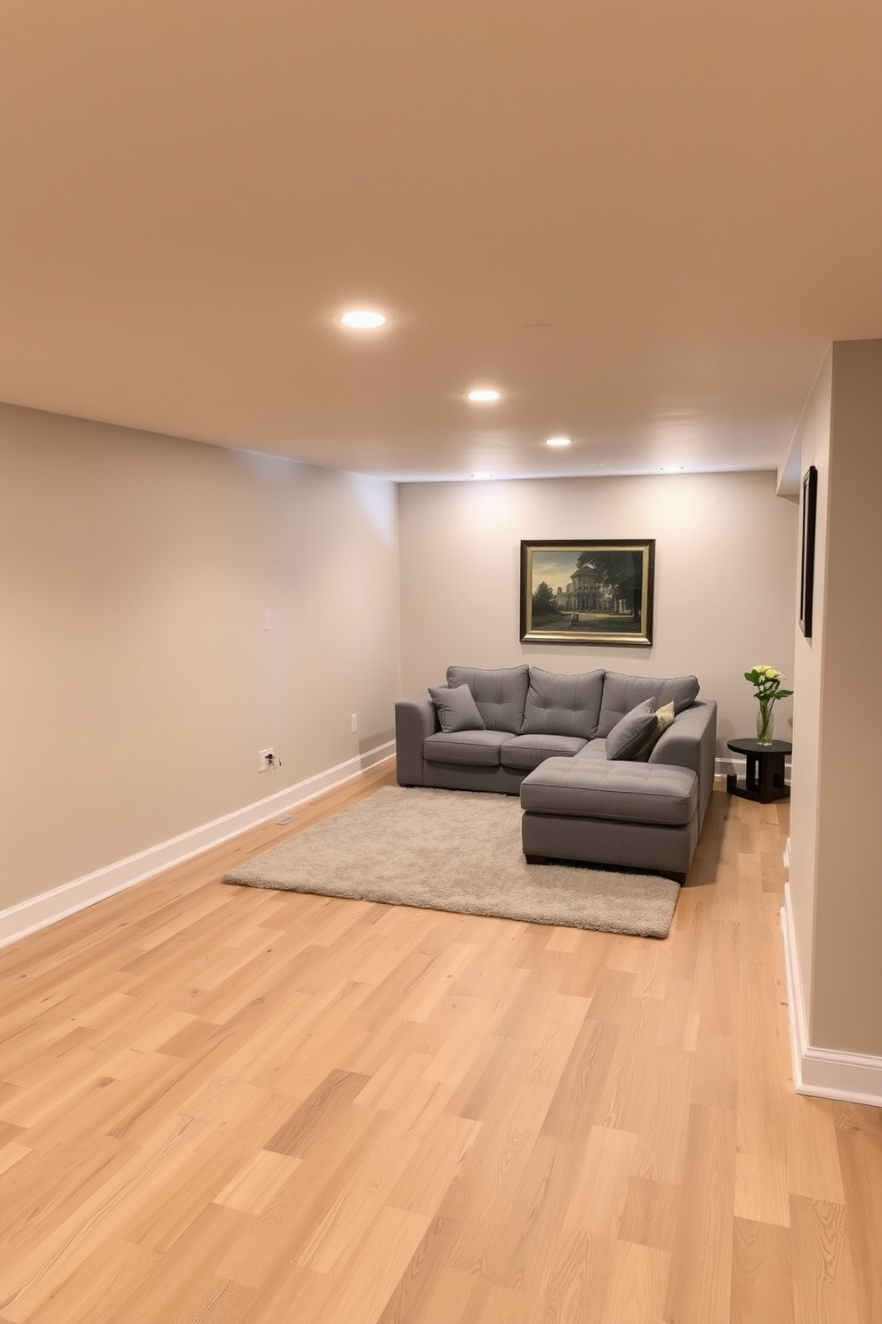 A cozy basement retreat with light-colored walls that enhance the sense of space and brightness. Soft beige paint covers the walls, creating a warm and inviting atmosphere. The flooring is a light wood, adding a touch of warmth and comfort. A plush area rug sits in the center, complemented by a sectional sofa in soft gray upholstery.