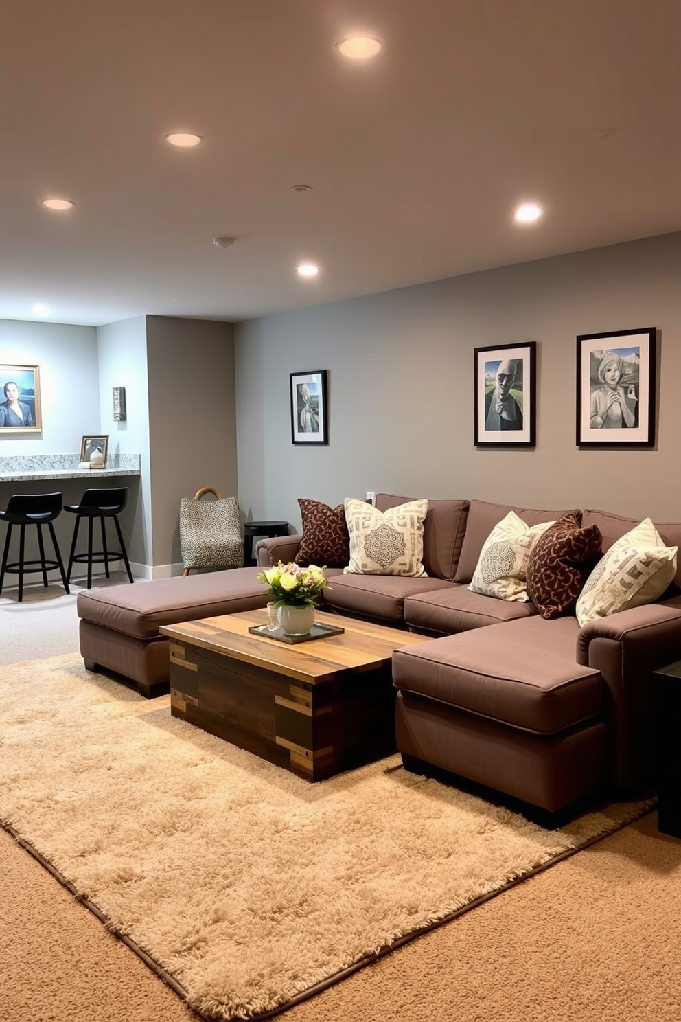 A cozy basement retreat featuring soft lighting that creates a warm and inviting atmosphere. The space includes a comfortable sectional sofa adorned with plush throw pillows, a coffee table made of reclaimed wood, and a soft area rug underfoot. In one corner, a small bar area with stylish stools complements the design. The walls are painted in a light gray hue, and a few framed artworks add personality to the space.