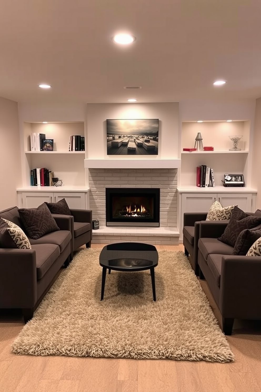 A cozy basement retreat featuring a modern fireplace as the focal point. The space is designed with comfortable seating arranged around the fireplace, complemented by soft lighting for a warm ambiance. The walls are painted in a light neutral color to create an airy feel. A plush area rug anchors the seating area, while built-in shelves display books and decorative items, adding personality to the room.