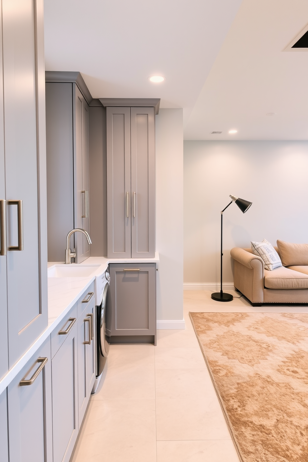 Create a stylish laundry area featuring sleek cabinetry in a soft gray finish with brushed nickel handles. The countertop is made of quartz with a subtle veining pattern, and a large farmhouse sink is positioned under a window that lets in natural light. Simple basement design ideas include a cozy seating area with a plush sectional sofa in a neutral tone and a large area rug to define the space. Accent lighting is provided by recessed lights and a modern floor lamp, creating an inviting atmosphere for relaxation or entertainment.