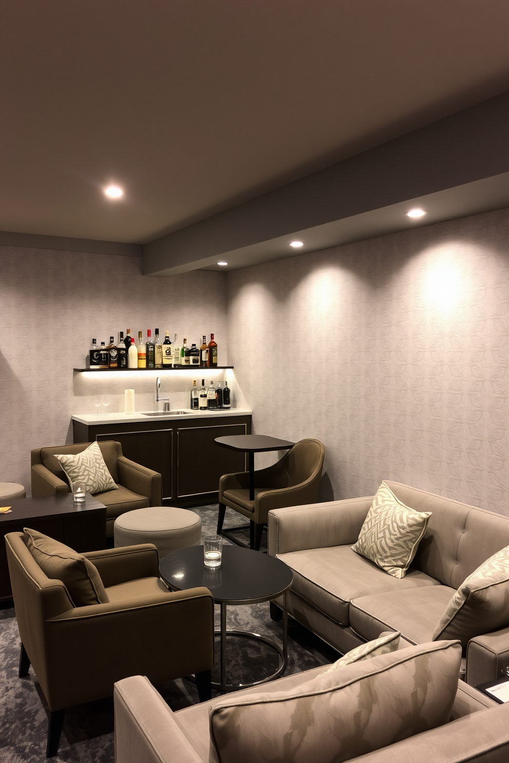 A cozy basement lounge featuring textured wallpaper in soft gray tones. Plush seating arrangements with a mix of modern and vintage furniture create a welcoming atmosphere. In one corner, a small bar area with sleek shelves displays an array of spirits and glassware. Soft lighting from pendant fixtures enhances the inviting feel of the space.