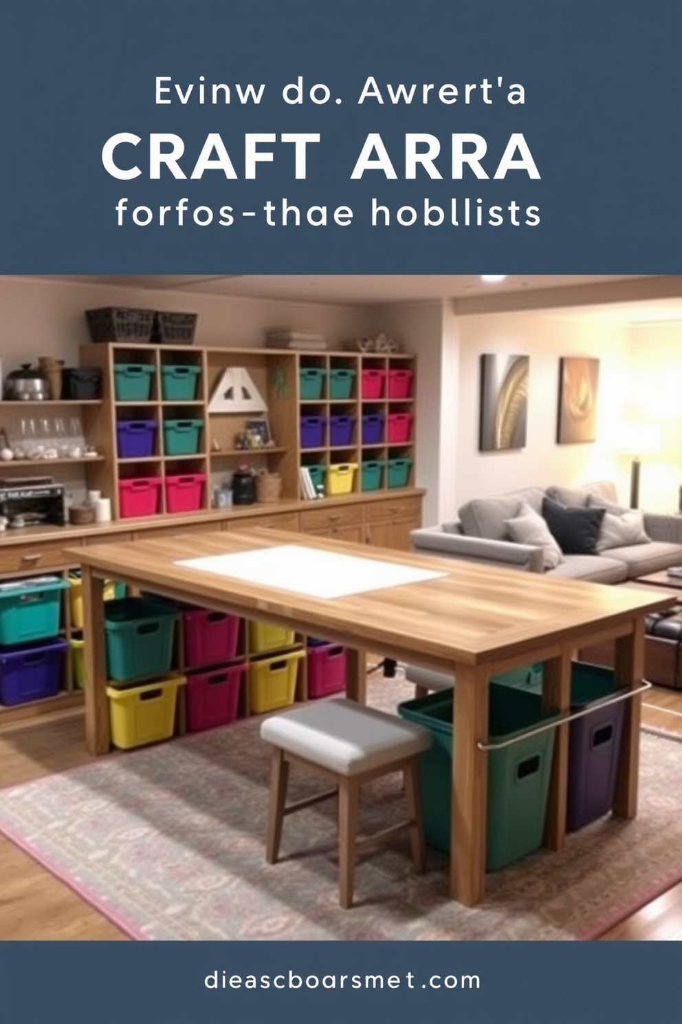 Design a craft area for hobbies. The space features a large wooden table with ample surface area for various projects and is surrounded by colorful storage bins for organizing supplies. Simple basement design ideas. The layout includes a cozy seating area with a sectional sofa and a coffee table, complemented by warm lighting and soft area rugs to create an inviting atmosphere.