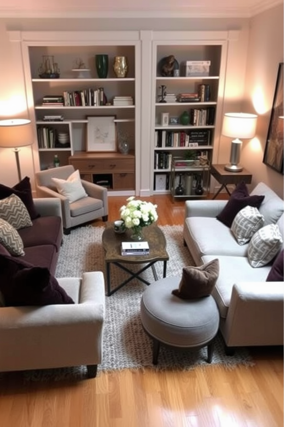 Create a serene home office with soundproofing features. The room includes a large wooden desk facing a window, surrounded by bookshelves filled with neatly arranged books and decorative items. For the simple basement design, envision a cozy space with soft lighting and comfortable seating. The walls are painted a light gray, and a plush area rug is placed in the center, creating an inviting atmosphere.