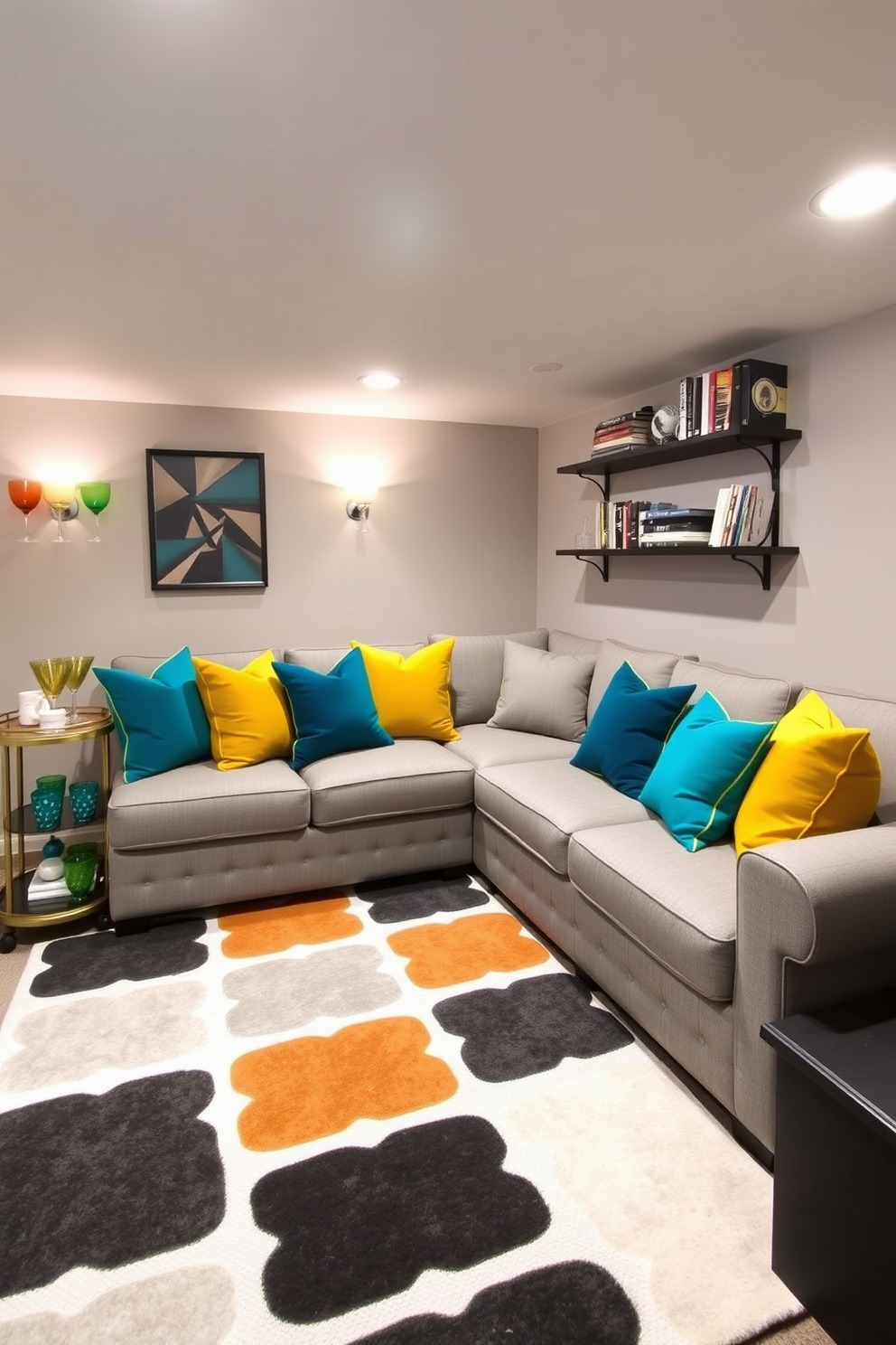 A cozy basement retreat featuring a comfortable sectional sofa adorned with vibrant throw pillows in shades of teal and mustard. The walls are painted a soft gray, and a large area rug with a bold geometric pattern anchors the seating area. In one corner, a small bar cart with colorful glassware adds a touch of fun. A wall-mounted shelf showcases an array of books and decorative items, bringing personality to the space.