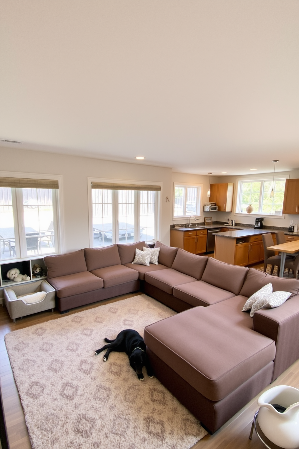 A cozy pet-friendly living room features a soft sectional sofa with removable, washable covers in a neutral color. A plush area rug provides a comfortable spot for pets to lounge, while a designated corner with pet beds and toys adds a playful touch. The basement is designed with functionality in mind, showcasing an open layout that includes a small kitchenette and a comfortable seating area. Large windows allow natural light to flood the space, creating a bright and inviting atmosphere for relaxation and entertainment.