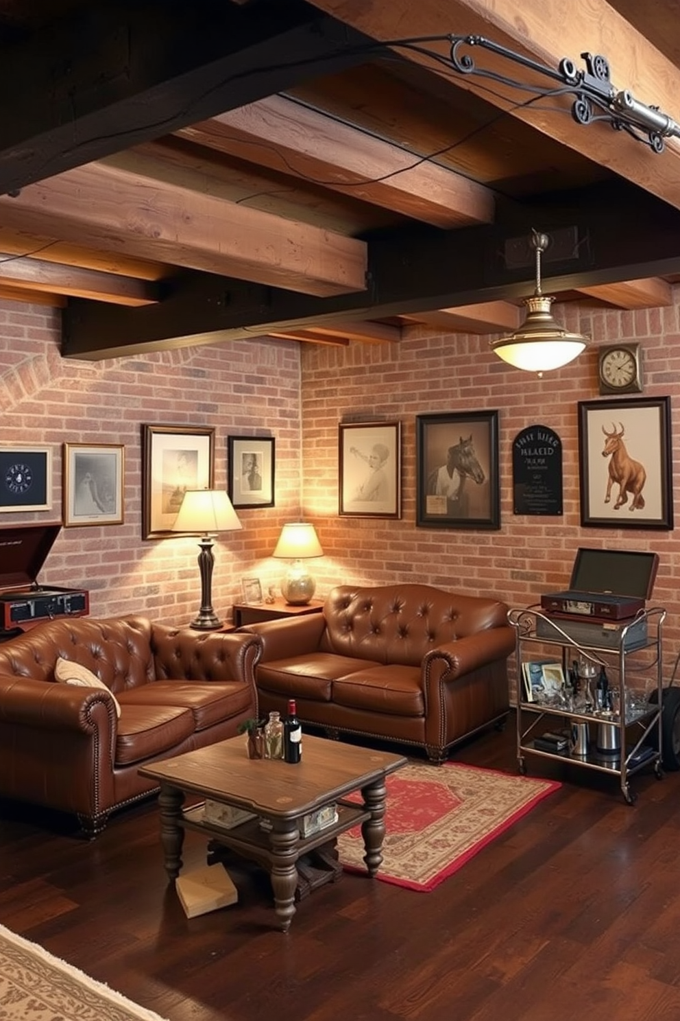 A vintage-inspired basement design featuring exposed brick walls and reclaimed wood beams on the ceiling. The space includes a cozy seating area with a distressed leather sofa and a vintage coffee table, complemented by warm lighting from antique-style lamps. The flooring consists of dark hardwood with an area rug that adds texture and warmth. Decor elements include retro wall art, a classic record player, and a small bar cart styled with old-fashioned glassware.