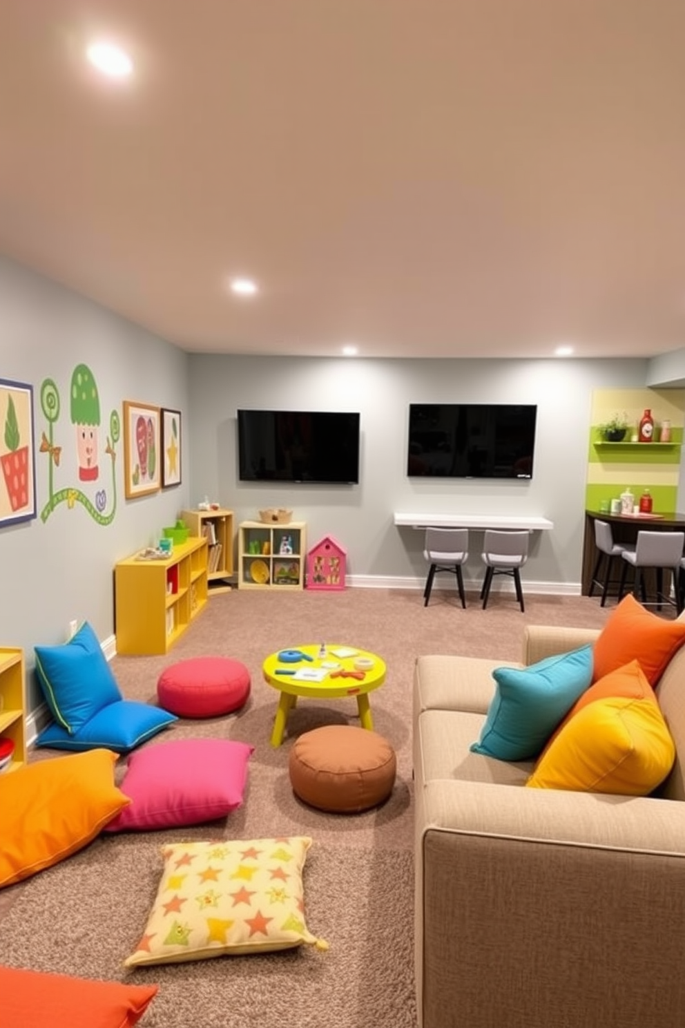 A vibrant kids playroom filled with colorful furniture and playful decor. There are soft floor cushions scattered around, a small table for arts and crafts, and a wall adorned with cheerful murals. A cozy basement designed for relaxation and entertainment. It features a comfortable sectional sofa, a large flat-screen TV mounted on the wall, and a small bar area with high stools.