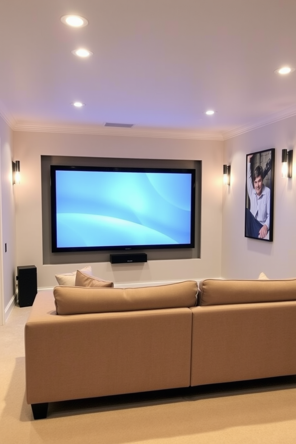 A cozy basement retreat featuring large windows that allow natural light to flood the space. The walls are painted in a soft gray, complemented by a plush sectional sofa and a stylish coffee table in the center. In one corner, a small kitchenette with modern appliances provides convenience for entertaining. A warm area rug anchors the seating area, while framed artwork adds personality to the walls.