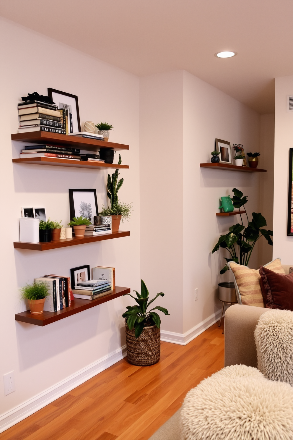 A cozy basement space with floating shelves installed along one wall for decor display. The shelves are filled with a mix of books, plants, and decorative items, creating a personalized and inviting atmosphere. The flooring is a warm wood finish, complementing the soft, neutral paint on the walls. A comfortable seating area with plush cushions is positioned nearby, enhancing the overall comfort of the space.