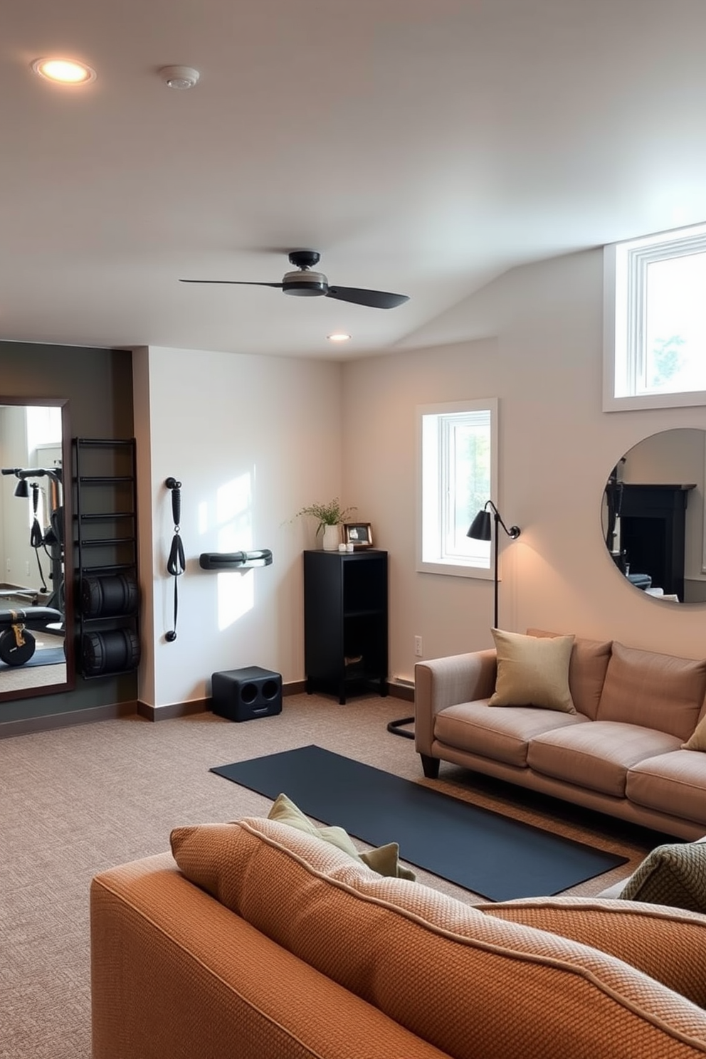 A multifunctional workout zone that incorporates a space for yoga and strength training. The area features a wall-mounted mirror, adjustable weights, and a soft mat, with natural light streaming in through a nearby window. Simple basement design ideas that create a cozy and inviting atmosphere. The layout includes a comfortable seating area with plush sofas, soft lighting, and a small kitchenette for refreshments.