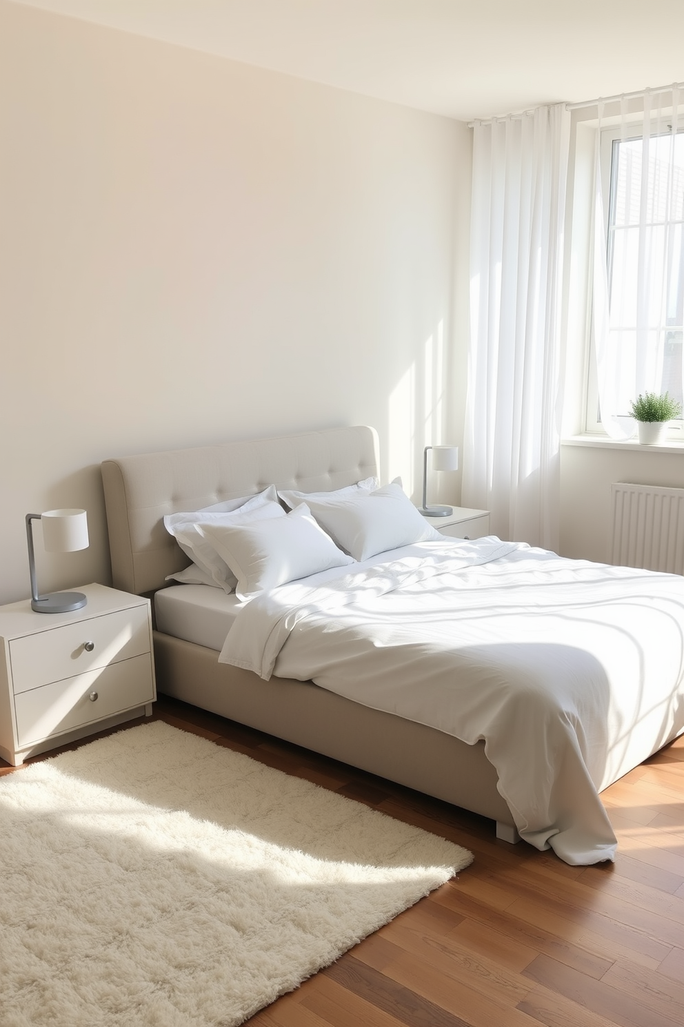 A serene bedroom featuring soft beige walls and a light gray upholstered bed with crisp white linens. A pair of minimalist nightstands with sleek lamps sit on either side of the bed, while a plush area rug adds warmth to the hardwood floor. Natural light floods the space through sheer white curtains, enhancing the tranquil atmosphere. A small potted plant on the windowsill brings a touch of greenery to the calming environment.