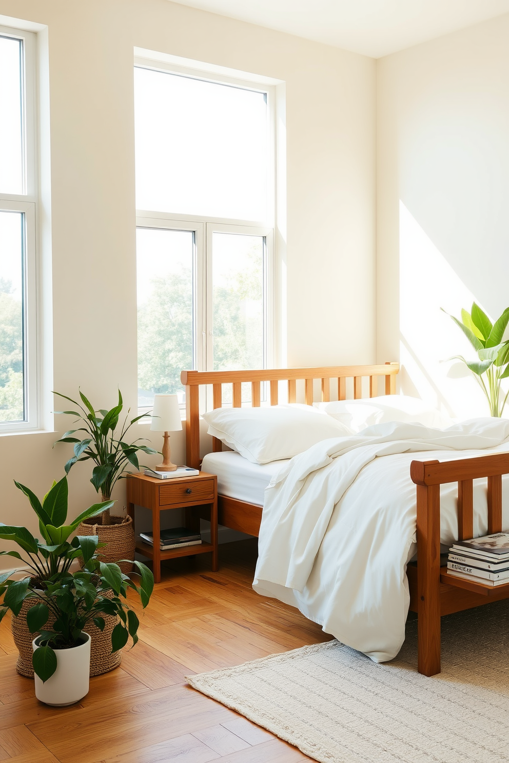 A serene bedroom featuring natural elements like plants and wood. The walls are painted in a soft beige, and a large window allows ample sunlight to filter in, highlighting the wooden bed frame adorned with crisp white linens. Potted plants are placed in each corner of the room, adding a touch of greenery. A simple wooden nightstand holds a small lamp and a stack of books, creating a cozy and inviting atmosphere.