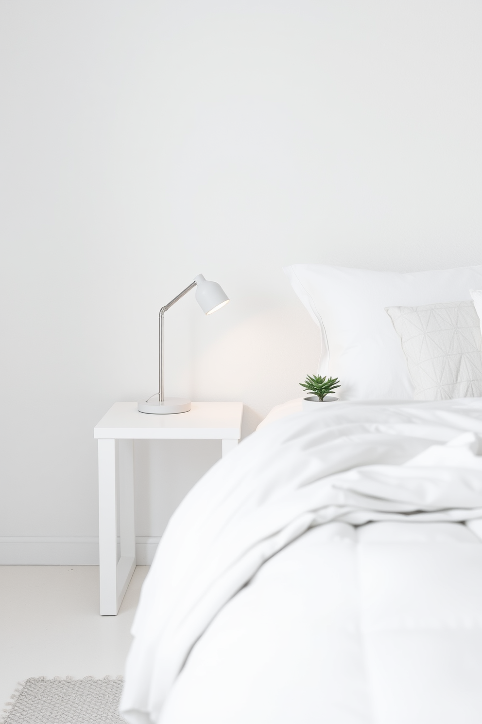 A simple bedside table with clean lines sits next to a plush bed adorned with soft, neutral bedding. The room features a calming color palette of whites and grays, creating a serene atmosphere for restful sleep. A minimalist lamp rests on the bedside table, providing warm light that enhances the cozy ambiance. A small potted plant adds a touch of greenery, bringing life to the understated decor.