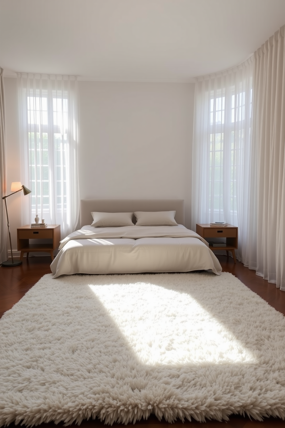 A serene bedroom featuring a stunning canopy bed draped with sheer white fabric that gently cascades down. The bed is adorned with plush pillows in soft pastel hues, creating an inviting and romantic atmosphere. The room is painted in a calming light blue shade, complemented by warm wooden accents throughout. A cozy reading nook is positioned by the window, complete with a comfortable armchair and a small side table for added charm.