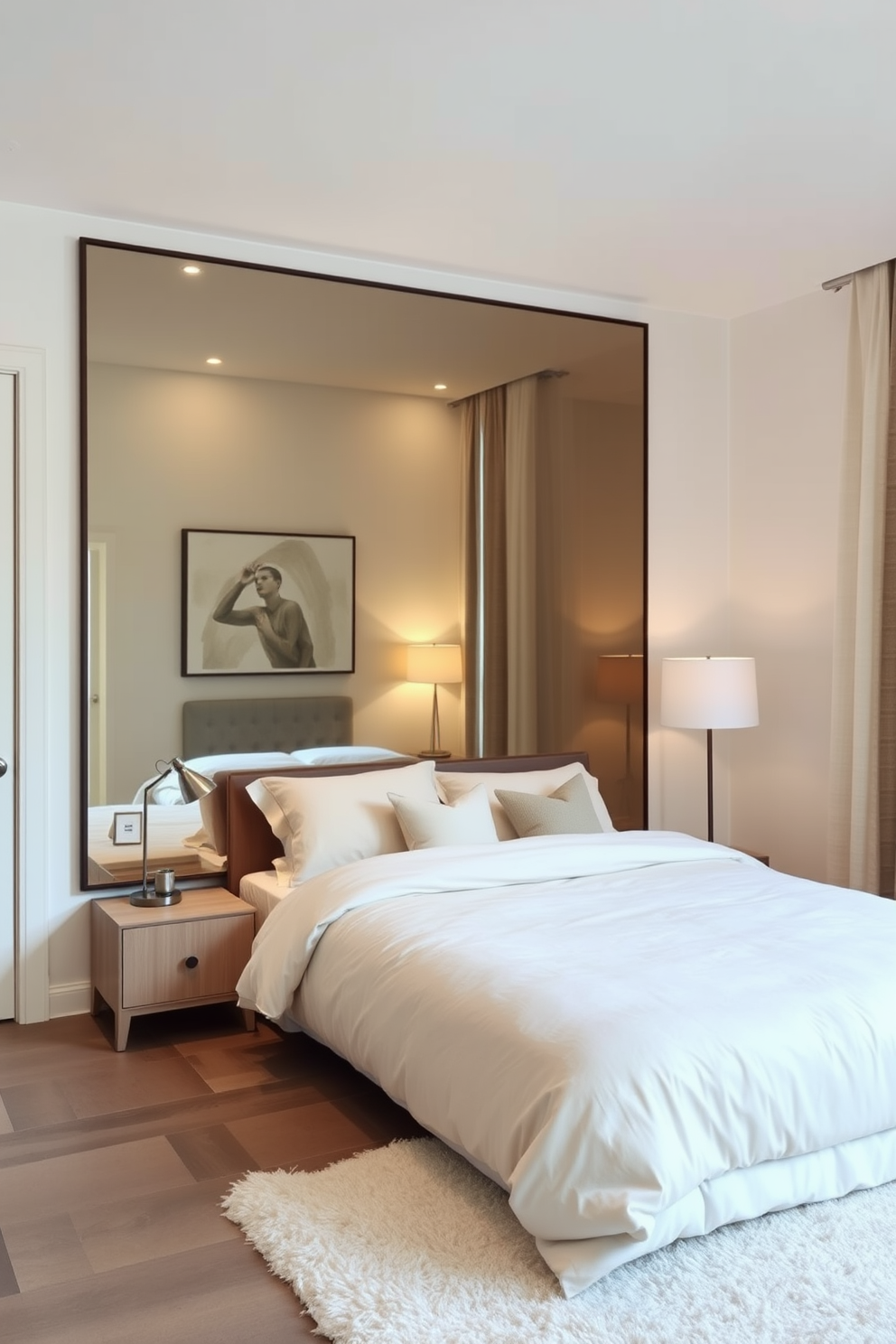 A cozy bedroom featuring wall-mounted reading lights on either side of the bed to maximize space. The room includes a minimalist bed frame with soft bedding and a small nightstand with a plant for a touch of greenery. The walls are painted in a soft neutral color, creating a calming atmosphere. A plush area rug lies beneath the bed, adding warmth and texture to the design.