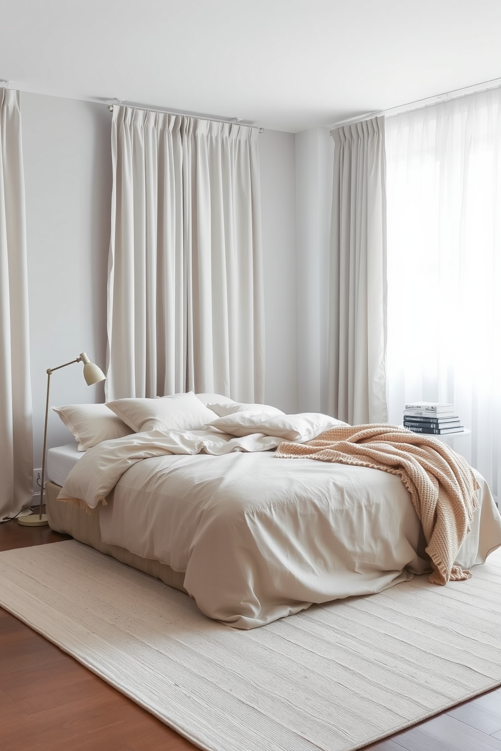 A serene bedroom setting with soft curtains that filter natural light gently illuminating the space. The walls are painted in a calming light gray, complemented by a cozy bed adorned with neutral-toned bedding and a plush throw blanket. A minimalist nightstand stands beside the bed, holding a small lamp and a stack of books. A simple area rug lies beneath the bed, adding warmth and texture to the overall design.