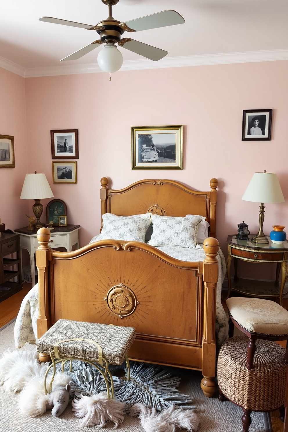 A cozy bedroom filled with vintage decor pieces that add character to the space. An antique wooden bed frame with a patterned quilt is the focal point, complemented by mismatched bedside tables and vintage lamps. Soft pastel colors adorn the walls, creating a serene atmosphere. A plush area rug lies beneath the bed, and framed black and white photographs hang artfully on the walls.