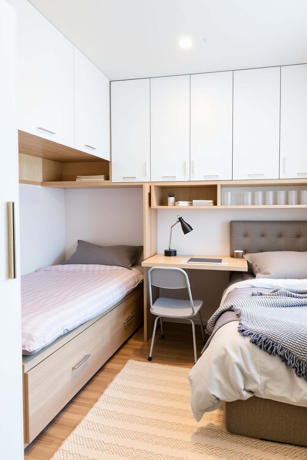 A cozy bedroom featuring a compact bed that doubles as a storage unit. A small bedside table with a built-in shelf is placed next to the bed, and a lightweight chair can be tucked under the desk when not in use. A minimalist bedroom with a foldable desk that can be easily stored away. The bed is positioned against the wall, and a soft area rug adds warmth to the space while maintaining an open feel.