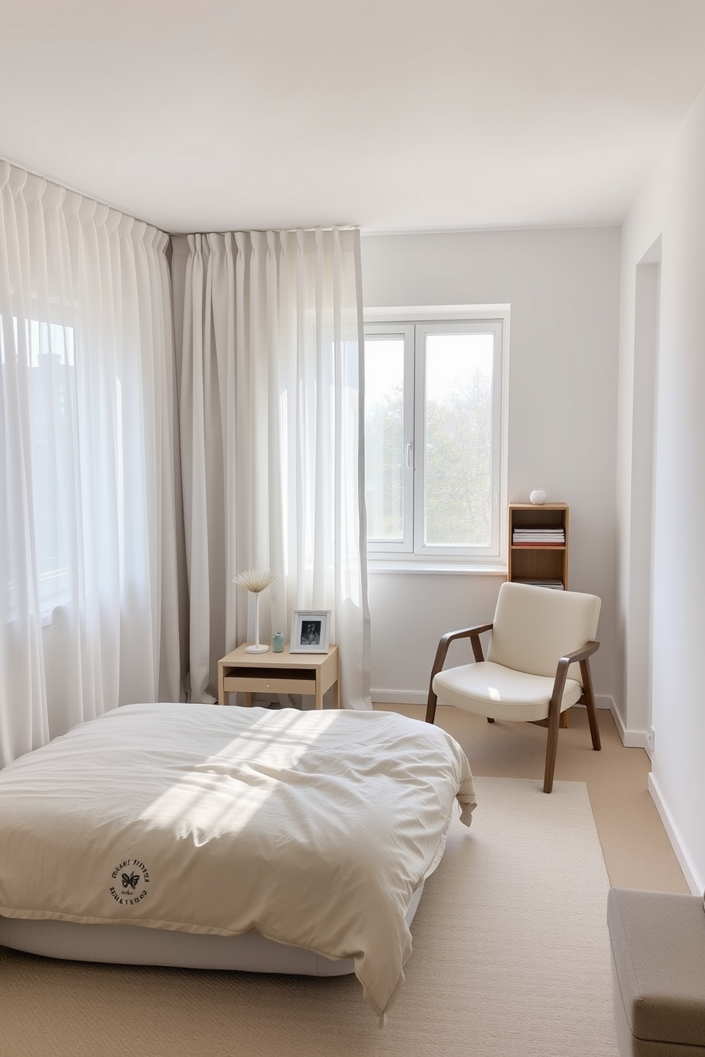 A serene bedroom featuring decluttered surfaces and minimalist decor. The bed is dressed in soft neutral linens, and a small bedside table holds a single decorative item. Natural light floods the room through sheer curtains, enhancing the calming atmosphere. A cozy reading nook in the corner includes a comfortable chair and a small bookshelf, maintaining the simplicity of the space.