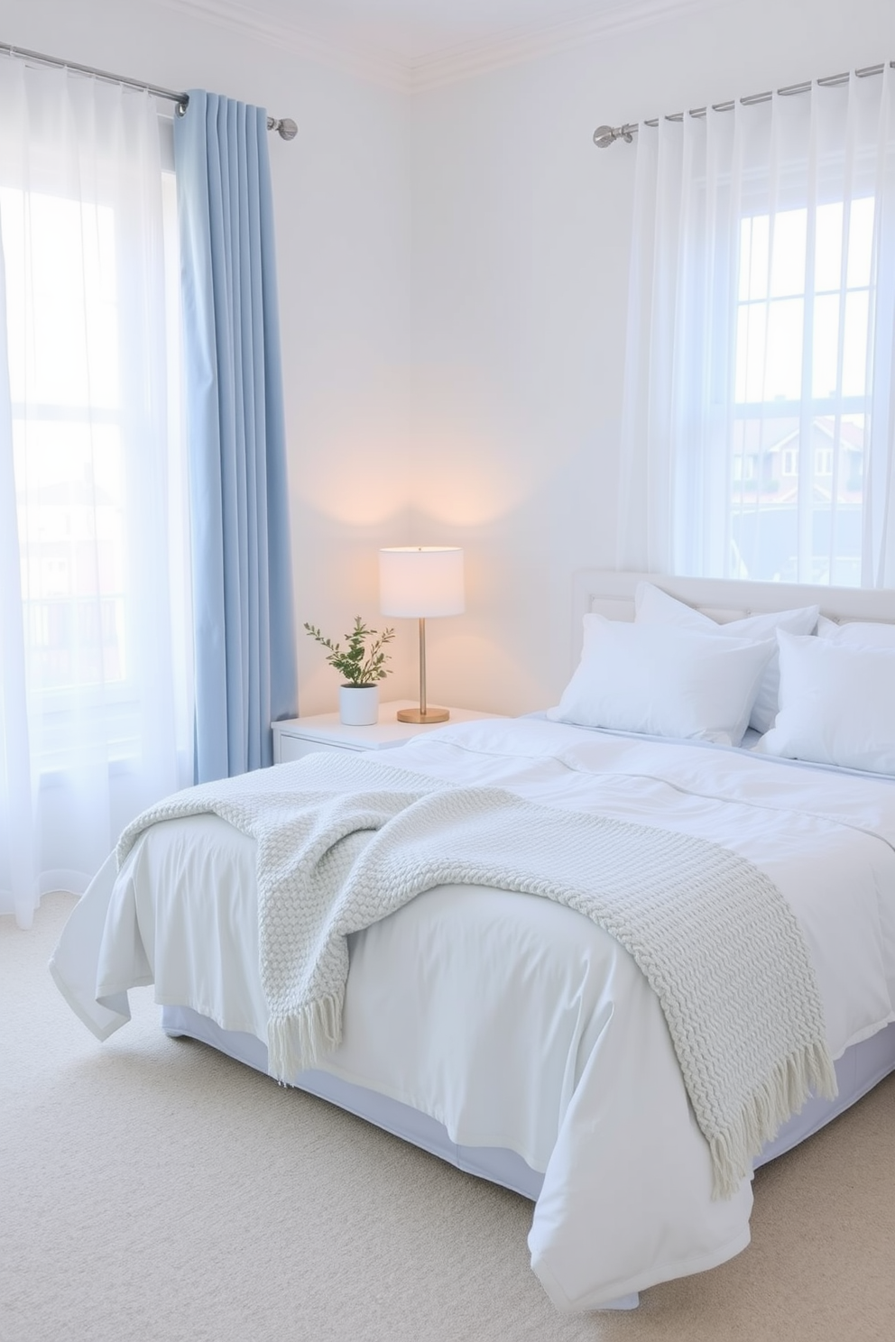 A serene bedroom setting with a soft color palette featuring light blues and whites. The bed is dressed in crisp white linens with a textured throw blanket draped at the foot. Natural light filters in through sheer curtains, creating a peaceful ambiance. A minimalist nightstand holds a small potted plant and a simple lamp, enhancing the tranquil atmosphere.