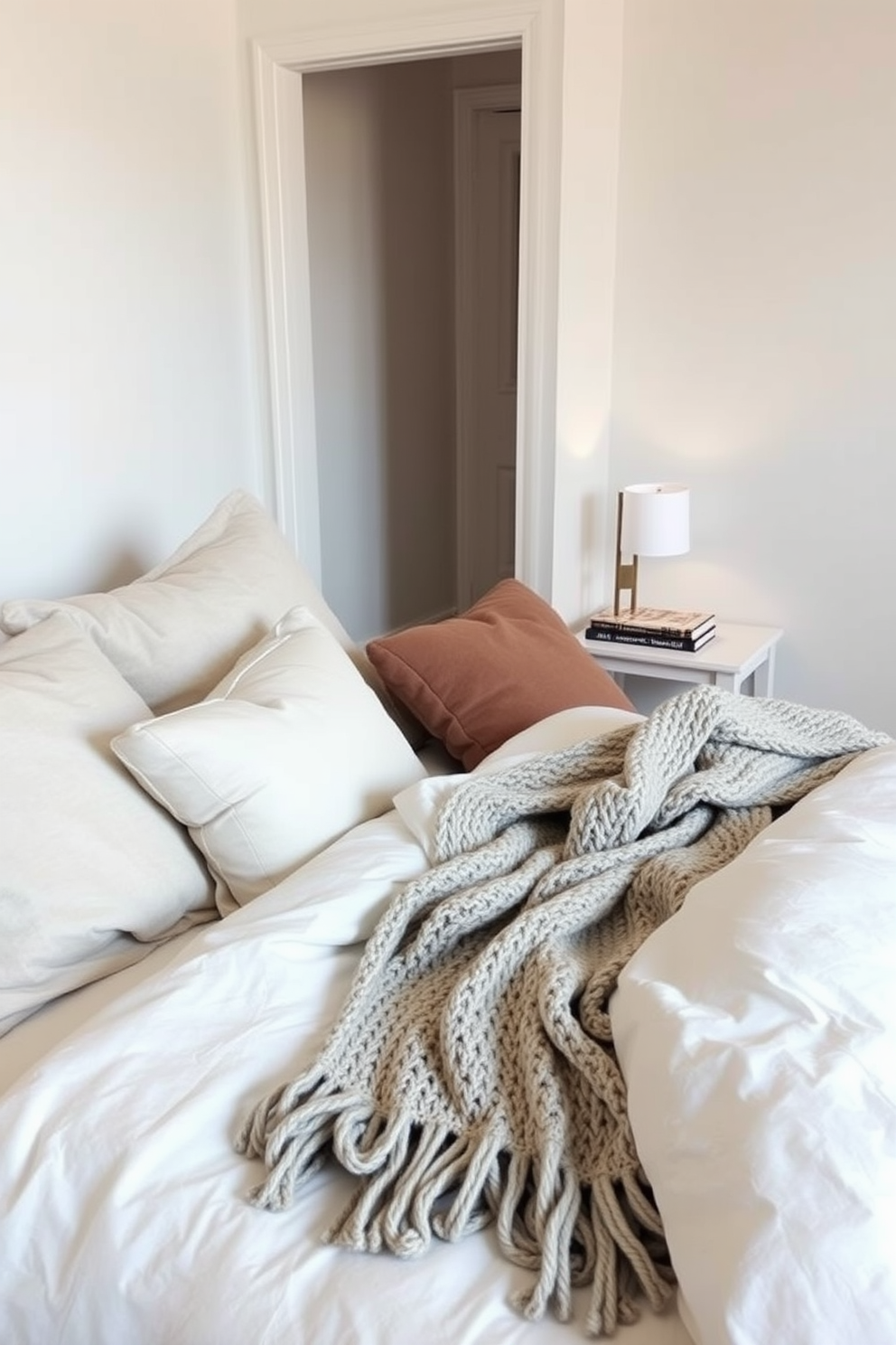 A cozy bedroom featuring layered bedding with various textures and patterns. The bed is adorned with plush pillows, a chunky knit blanket, and a soft duvet in neutral tones. The walls are painted in a soft pastel color, creating a serene atmosphere. A minimalist nightstand holds a small lamp and a few cherished books, enhancing the simple elegance of the space.