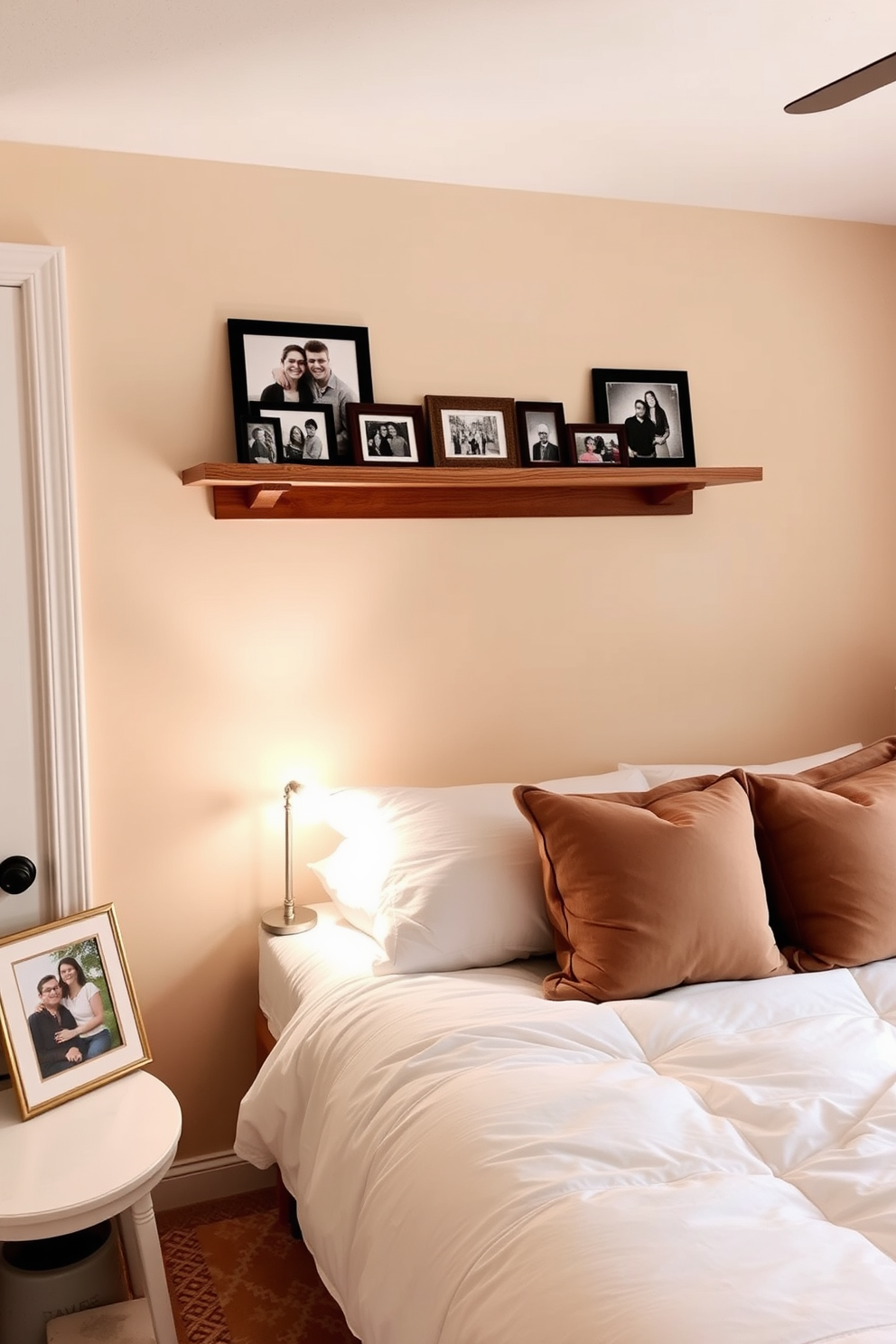 A cozy bedroom filled with warmth and personality. The walls are painted in a soft beige hue, creating a serene backdrop for cherished family photos displayed on a wooden shelf. A neatly made bed features a plush white duvet and decorative pillows in muted tones. A bedside table holds a small lamp and a framed picture of loved ones, adding a personal touch to the space.