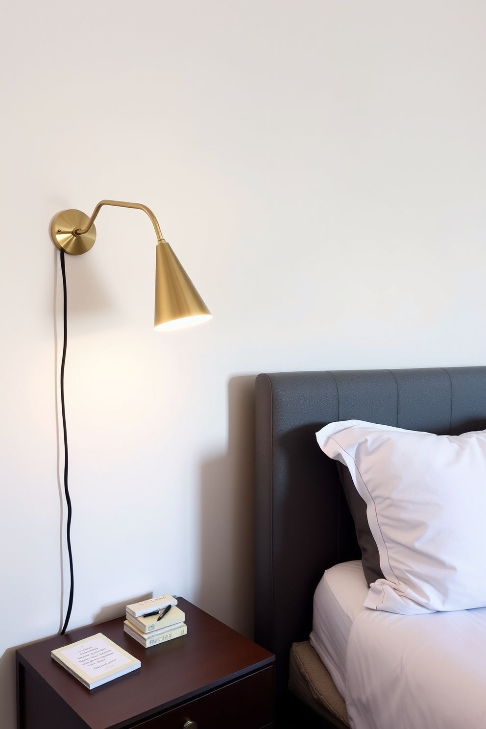 A simple bedroom design featuring wall-mounted bedside lamps that provide both style and functionality. The lamps are elegantly designed, offering a warm glow and freeing up space on the nightstands.