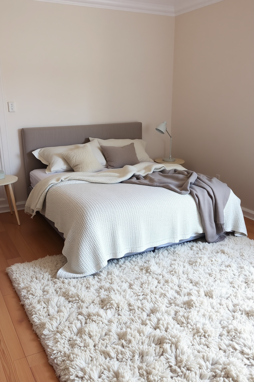 A simple bedroom design featuring a geometric patterned accent wall in shades of gray and white. The bed is centered in the room with a plush white duvet and matching pillows, while a sleek nightstand holds a minimalist lamp. The flooring is a light wood that complements the modern aesthetic. A small seating area with a geometric patterned chair and a round side table adds functionality and style to the space.