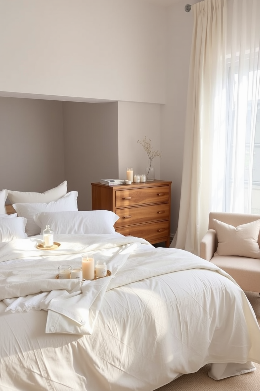 A cozy bedroom retreat featuring a plush bed adorned with soft blankets and textured throws. The walls are painted in a calming light gray, and natural light pours in through sheer curtains, creating a warm and inviting atmosphere.