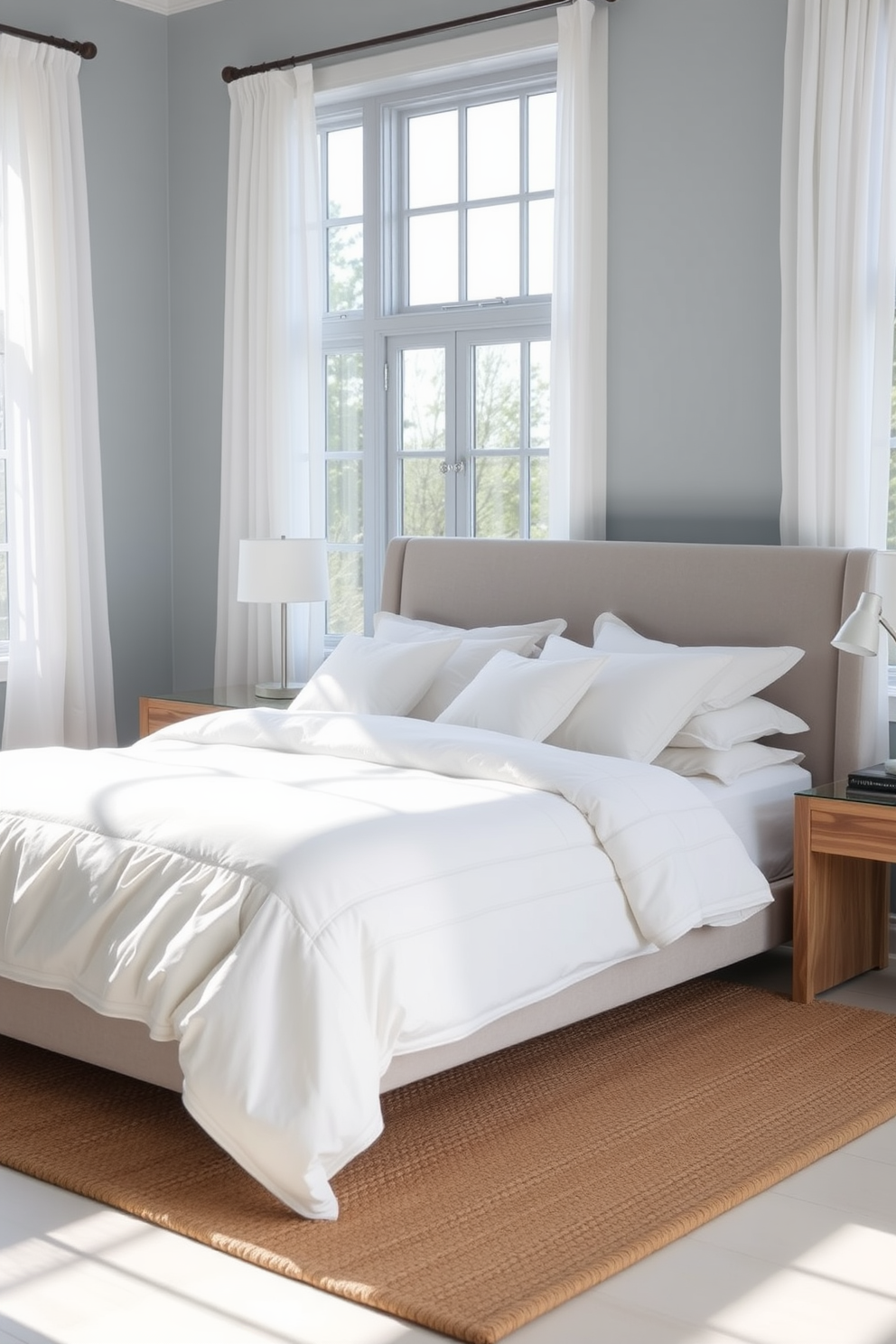 A serene bedroom atmosphere with a soft upholstered bed dressed in crisp white linens. The walls are painted a calming light blue, and a woven jute rug lies beneath the bed for added texture. A sleek nightstand made of reclaimed wood sits beside the bed, topped with a minimalist lamp. Large windows allow natural light to fill the space, and sheer curtains gently filter the sunlight.