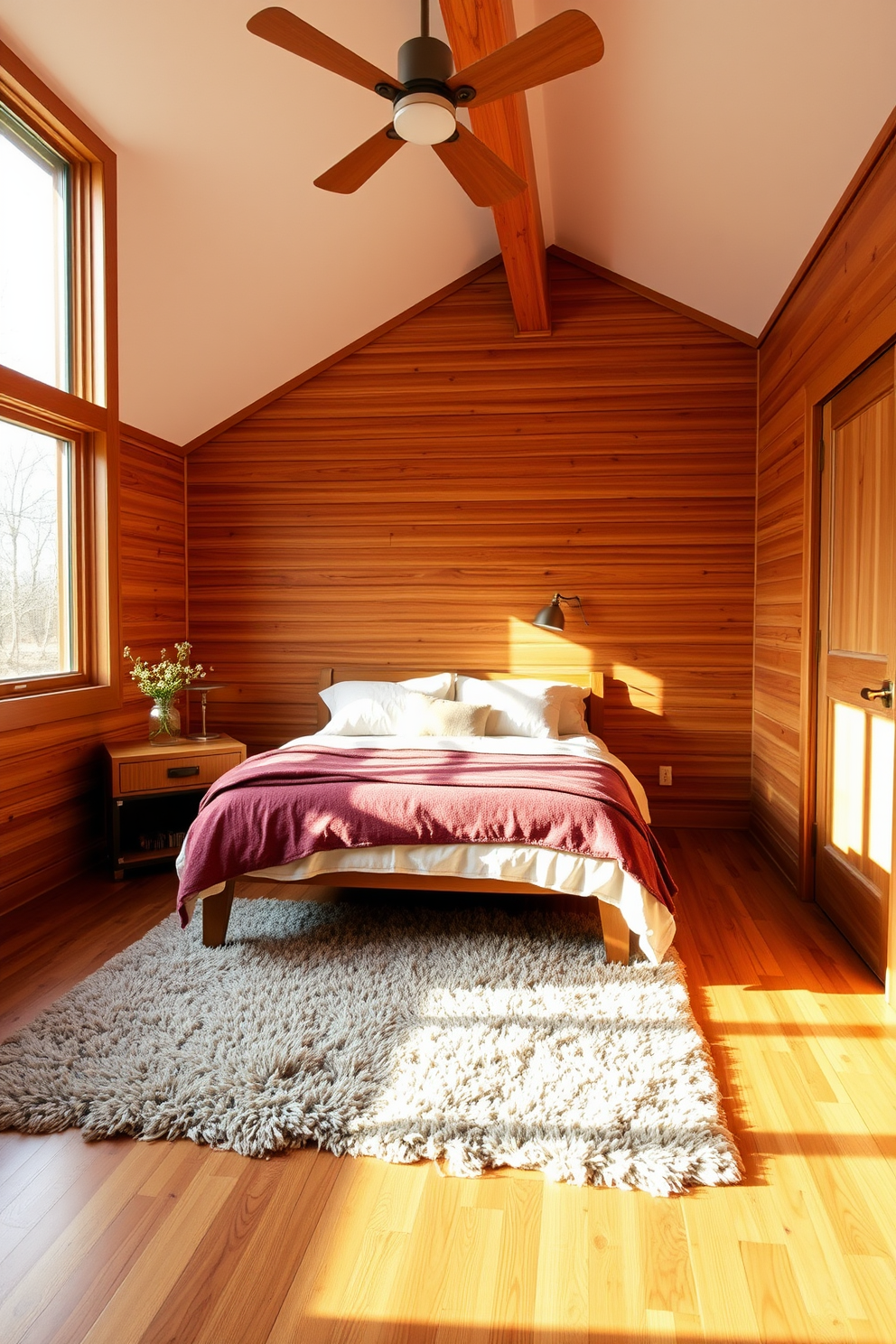 A simplistic bedroom design featuring a low-profile platform bed with crisp white bedding. The walls are painted in a soft gray hue, and a minimalist nightstand sits beside the bed with a small lamp. Natural light floods the room through sheer curtains, illuminating a cozy reading nook with a comfortable chair and a small bookshelf. A neutral area rug anchors the space, adding warmth to the polished hardwood floor.