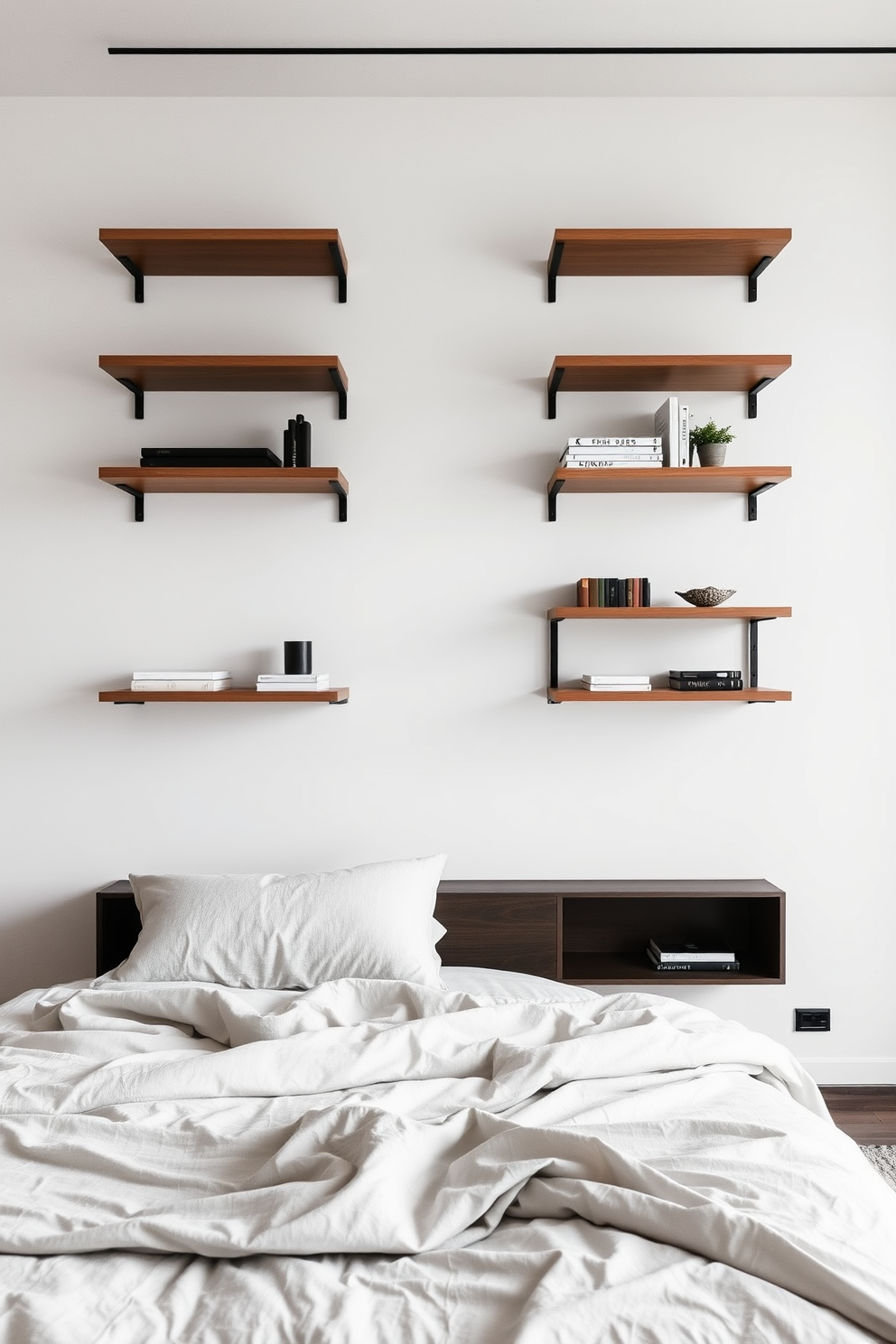 A cozy bedroom featuring floating shelves on the wall for stylish storage. The shelves are adorned with books, plants, and decorative items, creating a personalized touch. The bed is dressed in soft linens with a neutral color palette. A minimalist bedside table complements the overall design, offering a lamp and a small plant for added warmth.