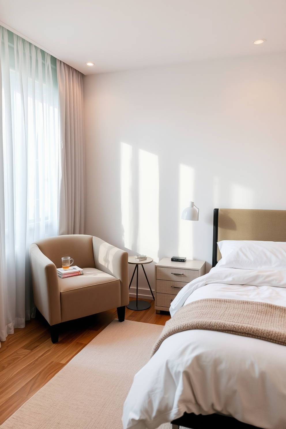 A cozy bedroom featuring natural wood furniture that creates a warm and inviting atmosphere. The bed has a wooden frame with a plush mattress and soft bedding, complemented by a matching nightstand and a rustic dresser. Soft lighting from bedside lamps enhances the serene ambiance, while a woven area rug adds texture to the wooden floor. A few potted plants are placed strategically around the room, bringing a touch of nature indoors.