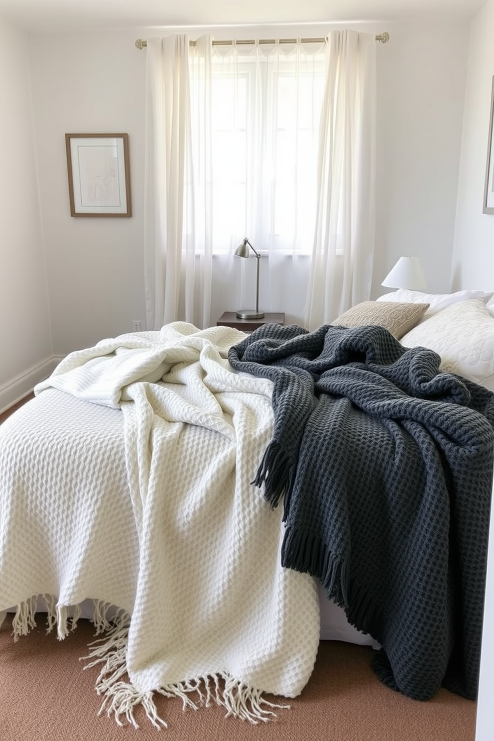 Textured throw blankets are draped over a cozy bed, adding warmth and comfort to the space. The bedroom features a minimalist design with soft neutral colors and natural light streaming through sheer curtains. The walls are adorned with subtle artwork that complements the serene atmosphere. A bedside table holds a small lamp, creating a perfect reading nook in this simple yet inviting bedroom.