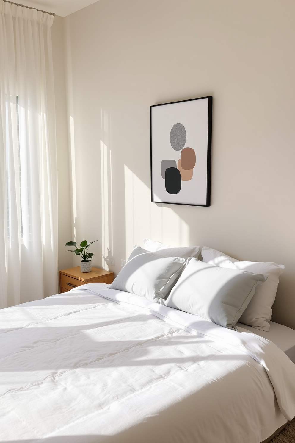 A serene bedroom featuring a large bed with a simple white duvet and soft gray pillows. Natural light floods the room through sheer curtains, illuminating a small wooden nightstand with a single potted plant. A striking piece of minimalist artwork hangs above the bed, showcasing abstract shapes in muted tones. The walls are painted a soft beige, creating a calm and inviting atmosphere.