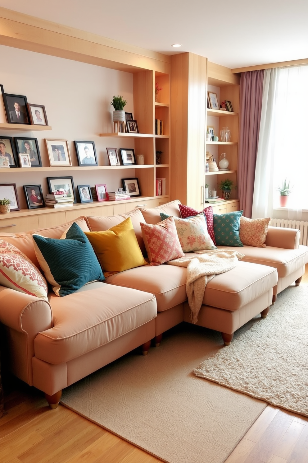 A cozy sectional sofa is arranged in a welcoming family room. Colorful cushions in various patterns and textures add warmth and personality to the space. Natural light pours in through large windows, illuminating the soft area rug beneath the coffee table. A few family photos are displayed on the walls, creating a personal and inviting atmosphere.