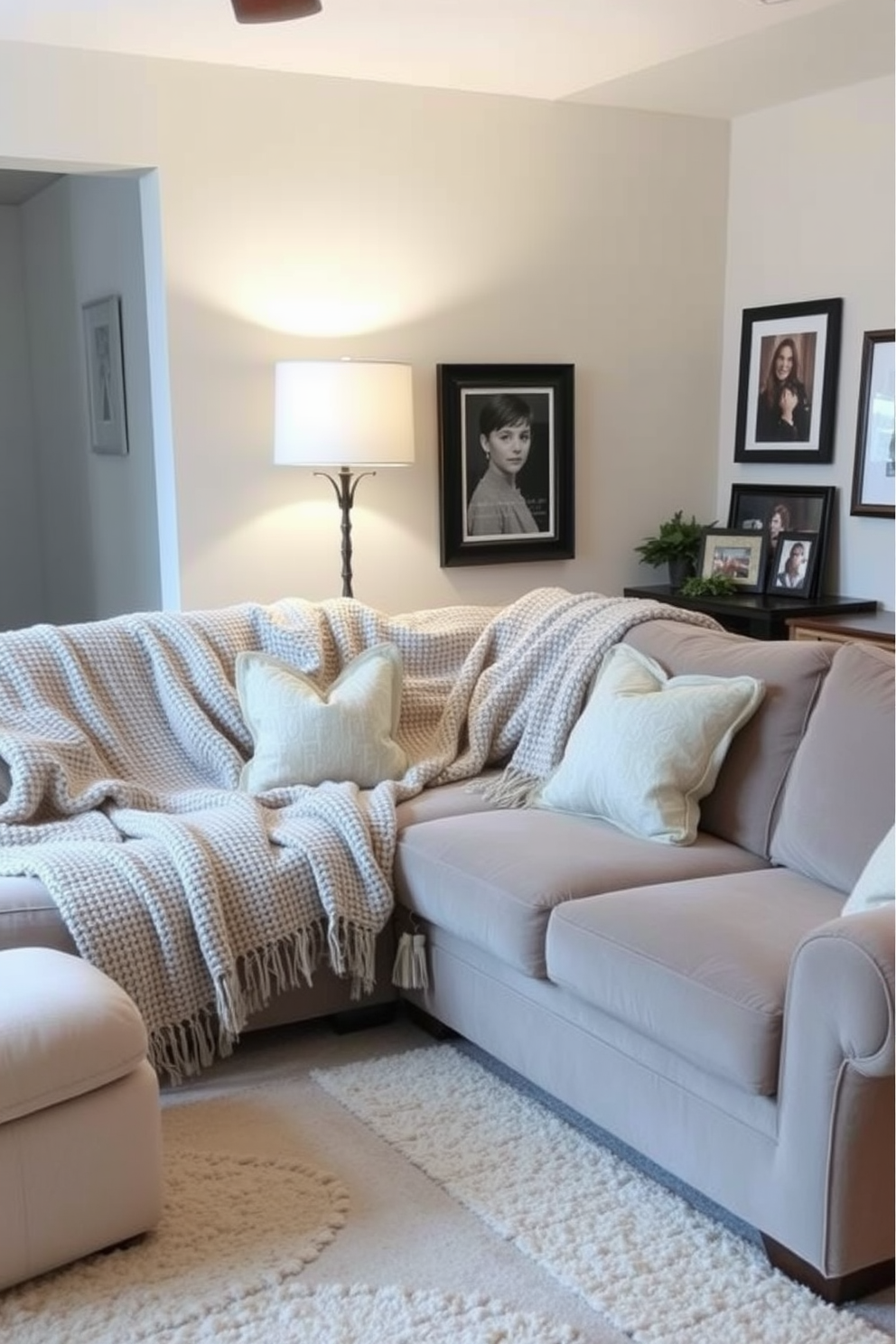 A cozy family room featuring a neutral color palette with soft throw blankets draped over a plush sofa. The space includes a wooden coffee table adorned with decorative books and a small indoor plant, creating an inviting atmosphere. Incorporate a mix of textures with woven baskets and patterned cushions to enhance comfort. Natural light floods the room through large windows, highlighting the warmth of the wooden flooring and the simplicity of the design.