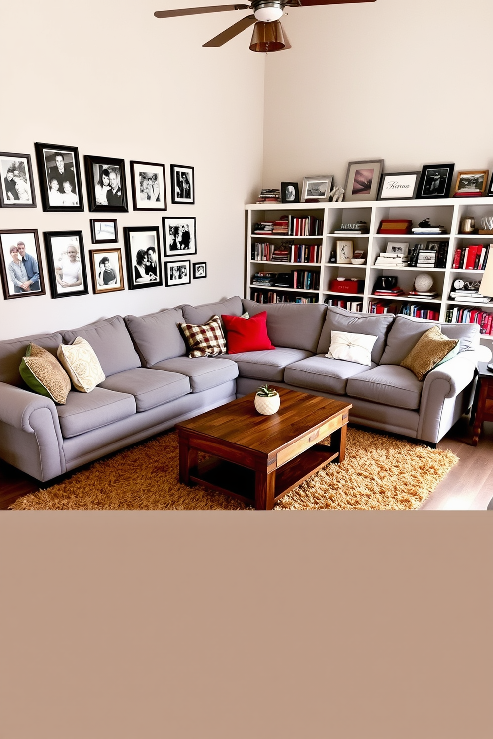 A cozy family room featuring a large sectional sofa in a soft gray fabric. The walls are adorned with family photos in various frames, and a rustic wooden coffee table sits at the center. A plush area rug in warm tones anchors the space, while a few decorative throw pillows add a pop of color. A bookshelf filled with books and personal mementos lines one wall, creating an inviting atmosphere.