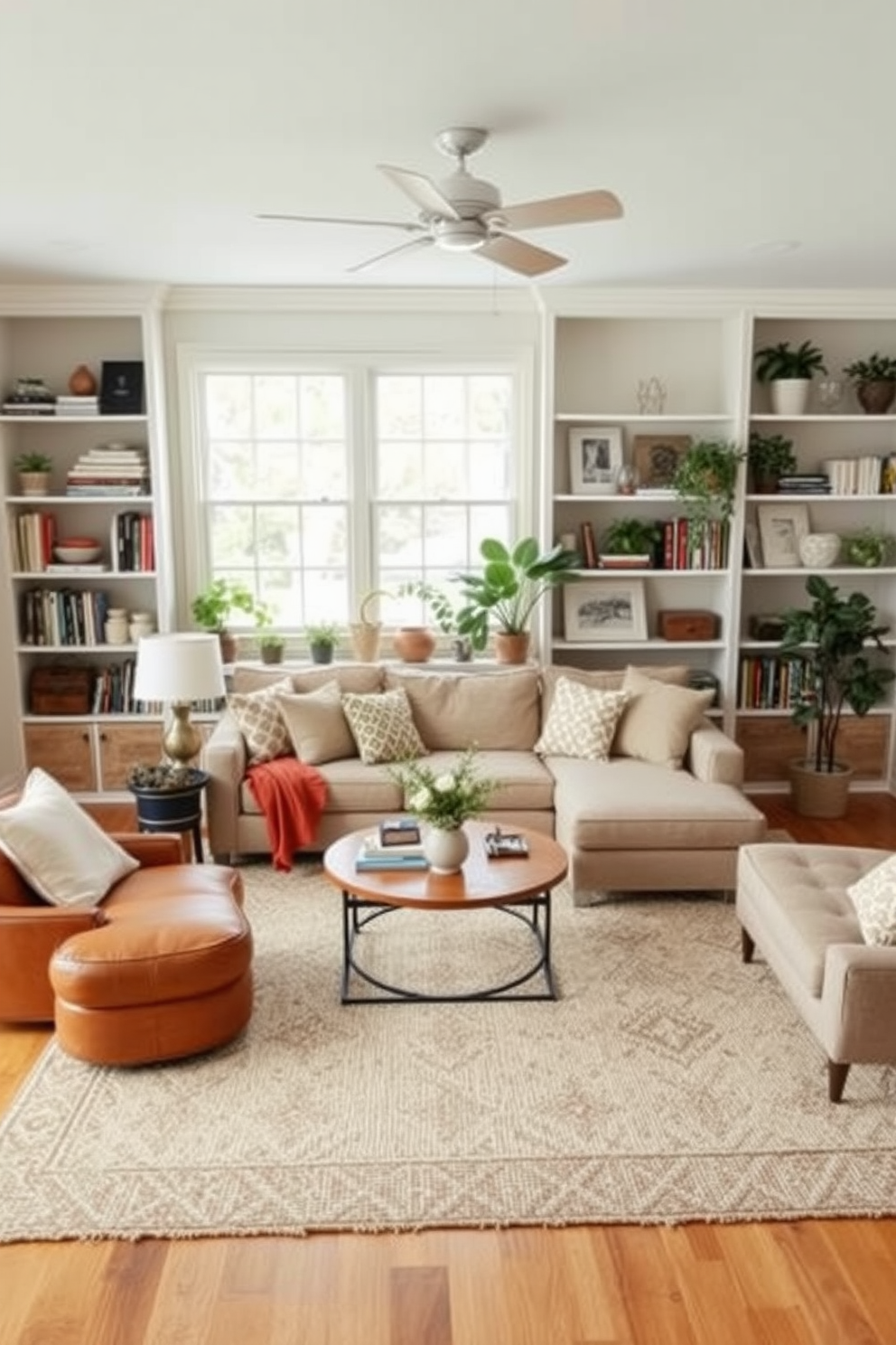 A stylish ottoman is placed in the center of a cozy family room. It features a soft fabric upholstery in a neutral tone, complemented by decorative pillows for added comfort. The family room is designed with a warm color palette, showcasing a plush area rug that anchors the seating arrangement. Large windows allow natural light to flood the space, enhancing the inviting atmosphere.