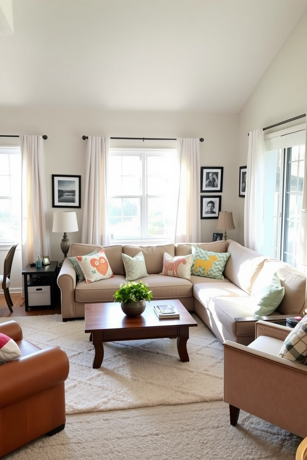 Open floor plan with large windows allowing natural light to flood the space. The family room features a comfortable sectional sofa in soft neutrals, paired with a rustic wooden coffee table. A cozy area rug anchors the seating arrangement, creating a warm and inviting atmosphere. Decorative cushions in vibrant colors add a playful touch to the overall design.