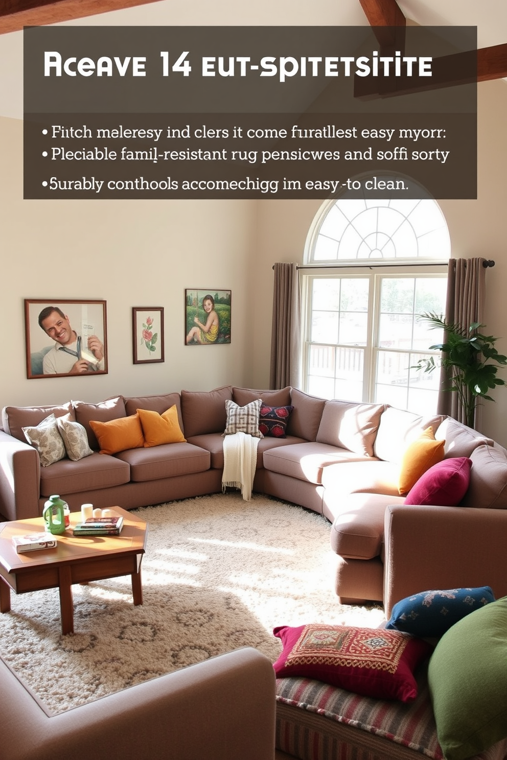 A cozy family room featuring a large sectional sofa upholstered in durable, stain-resistant fabric. The room is accented with colorful throw pillows and a soft area rug that adds warmth while being easy to clean. In one corner, a wooden coffee table holds family-friendly decor items and a few board games. The walls are painted in a light, inviting color, and large windows allow natural light to fill the space.