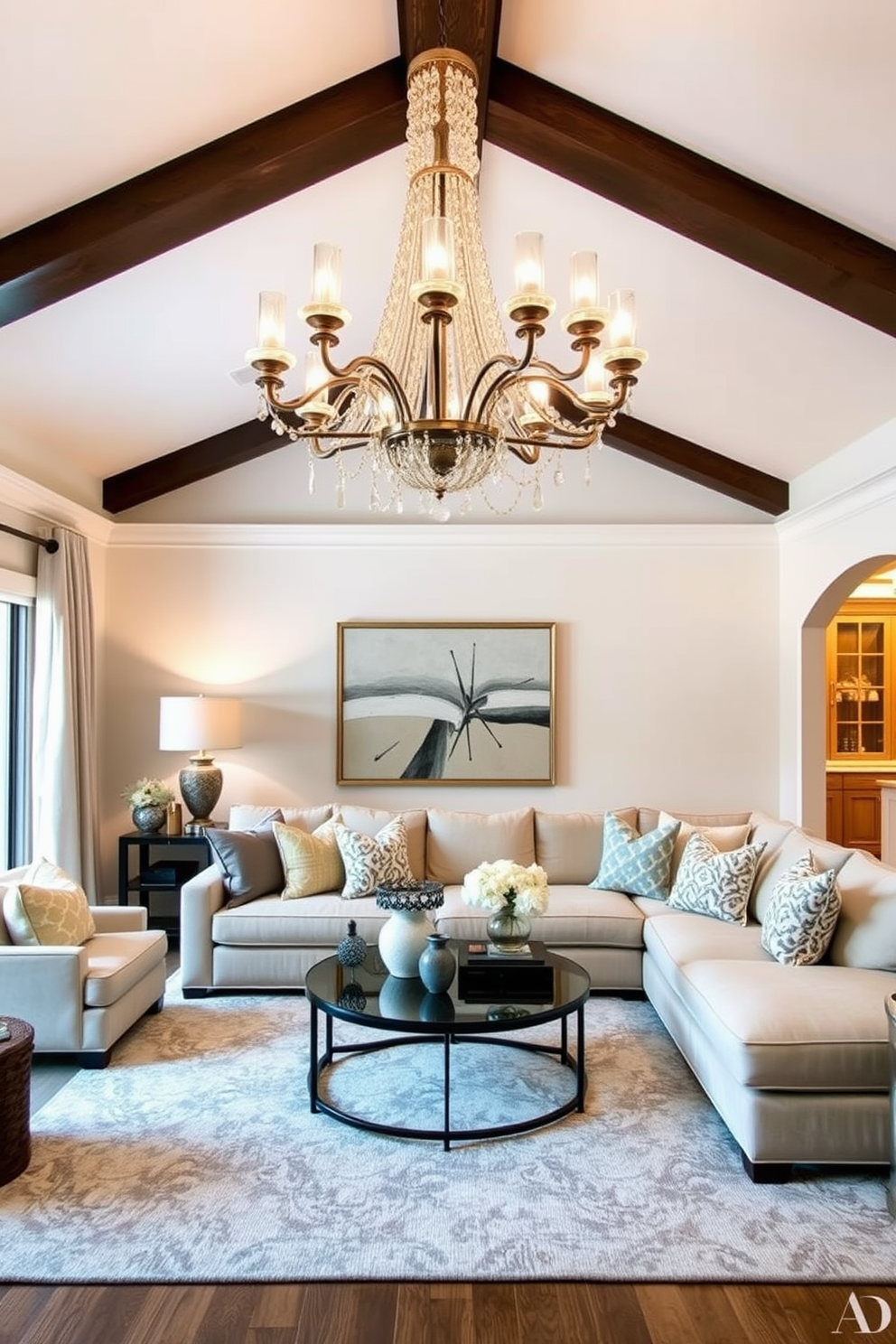 A statement chandelier hangs gracefully from the ceiling, casting a warm glow over the space. The family room features a cozy sectional sofa adorned with plush throw pillows, inviting relaxation and comfort. The walls are painted in a soft neutral tone, creating a serene backdrop for the room. A large area rug anchors the seating area, while a stylish coffee table adds a touch of elegance to the design.