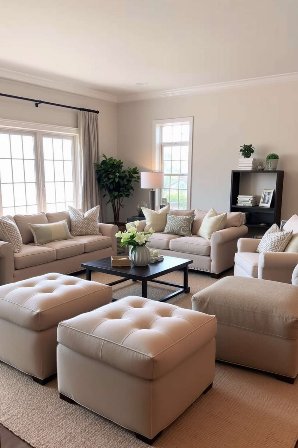 A cozy family room featuring soft ottomans arranged around a central coffee table. The space is designed with a neutral color palette and warm lighting to create an inviting atmosphere. Comfortable seating options include a plush sofa and oversized armchairs, complemented by textured throw pillows. Large windows allow natural light to fill the room, enhancing the relaxed vibe of the family gathering space.